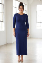 Model wearing Nuggles® Maxi Layering Dress in Dark Blue
