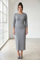 Model wearing Nuggles® Midi Layering Dress in Dark Heather