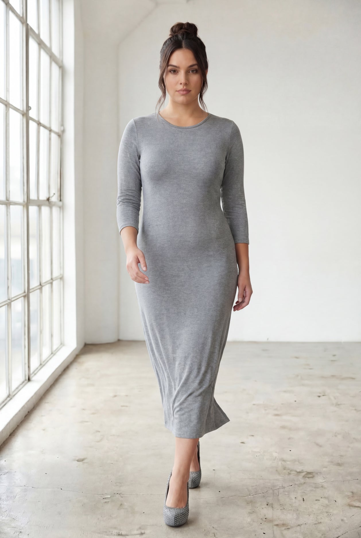 knee length dresses for ladies Nuggles® Tea-Length Layering Dress – Dark Heather