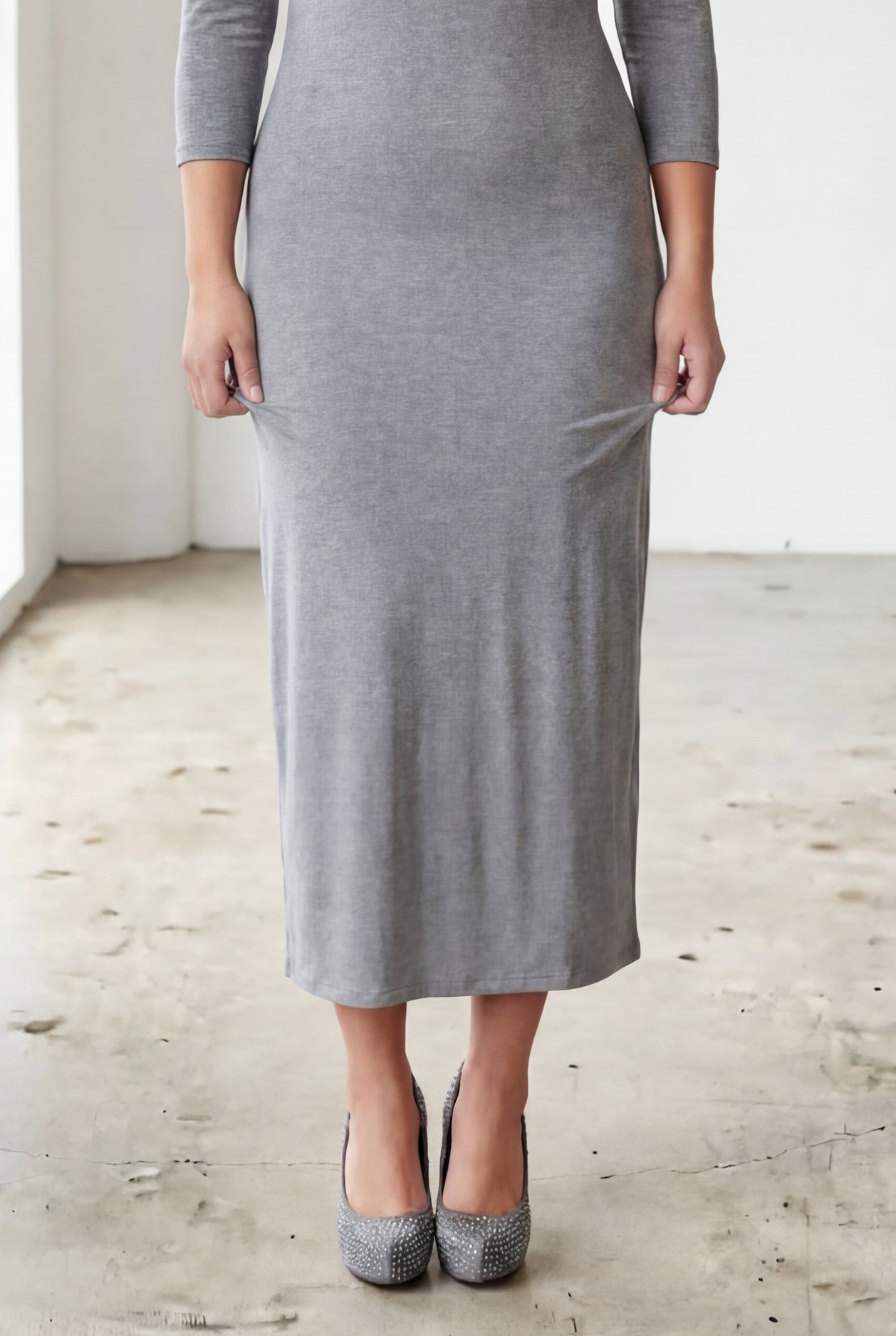 Model wearing Nuggles® Midi Layering Dress in Dark Heather