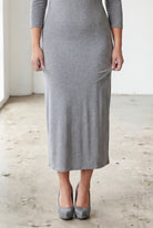 Model wearing Nuggles® Midi Layering Dress in Dark Heather