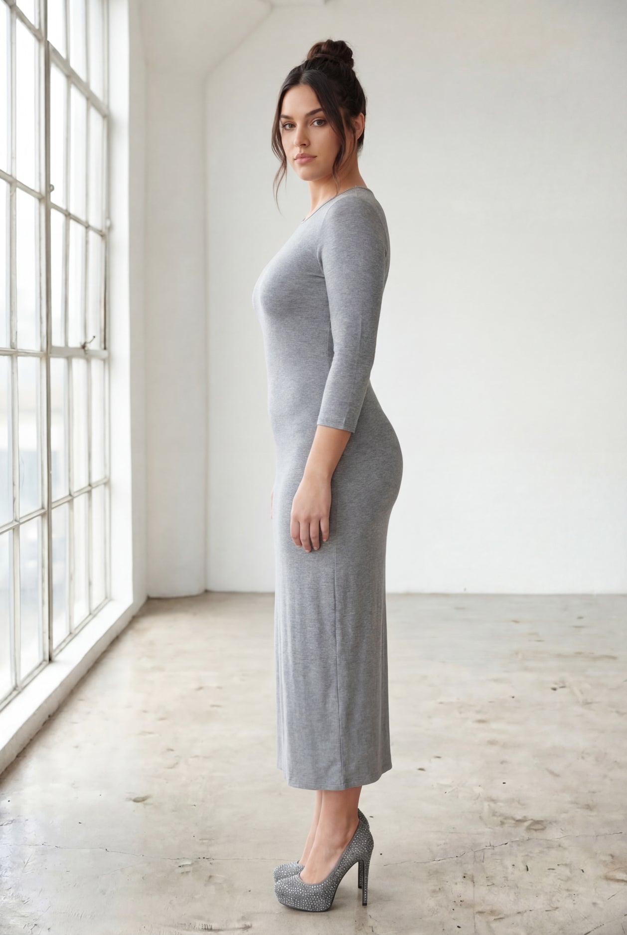 Model wearing Nuggles® Midi Layering Dress in Dark Heather