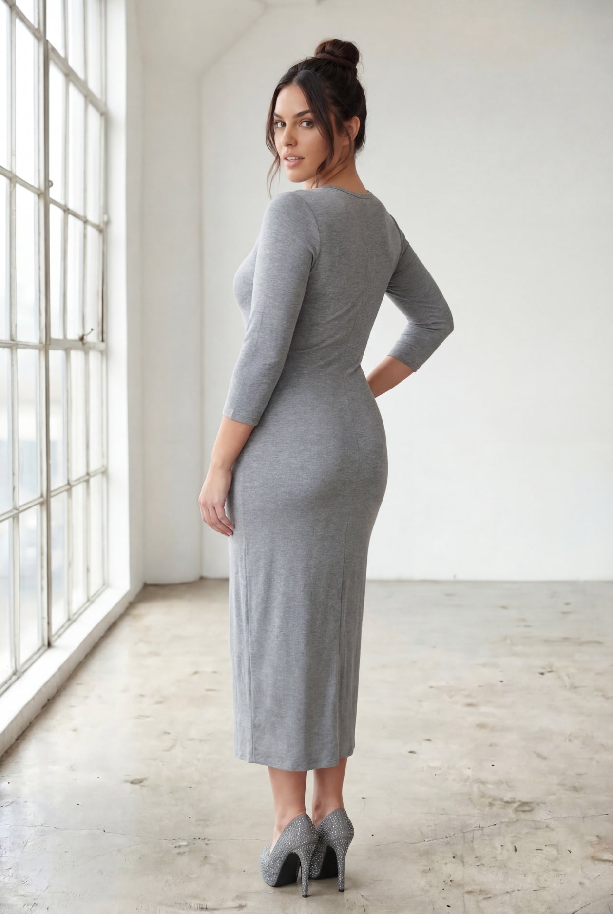 Model wearing Nuggles® Midi Layering Dress in Dark Heather