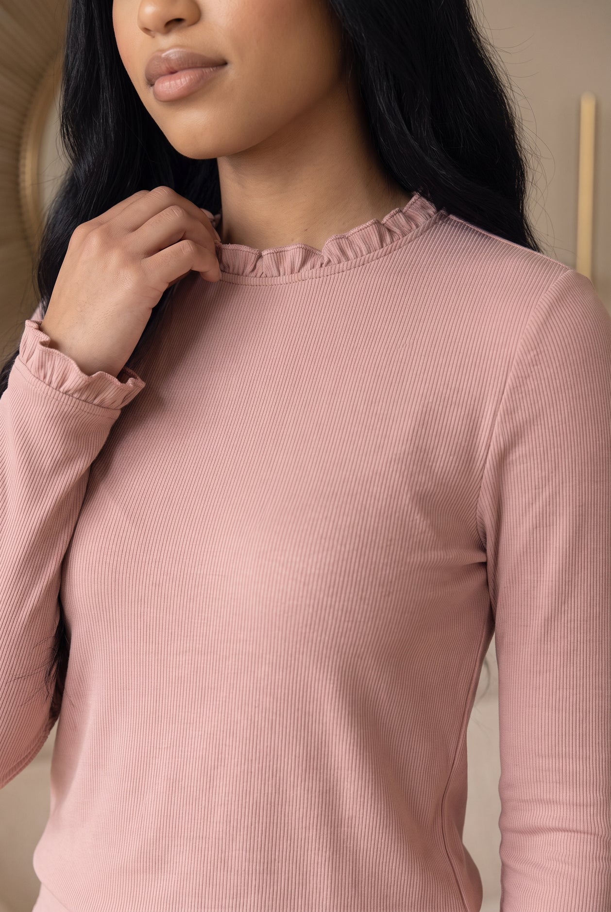 Model wearing Nuggles®  Bethany Shirt & Skirt in Dusty Pink