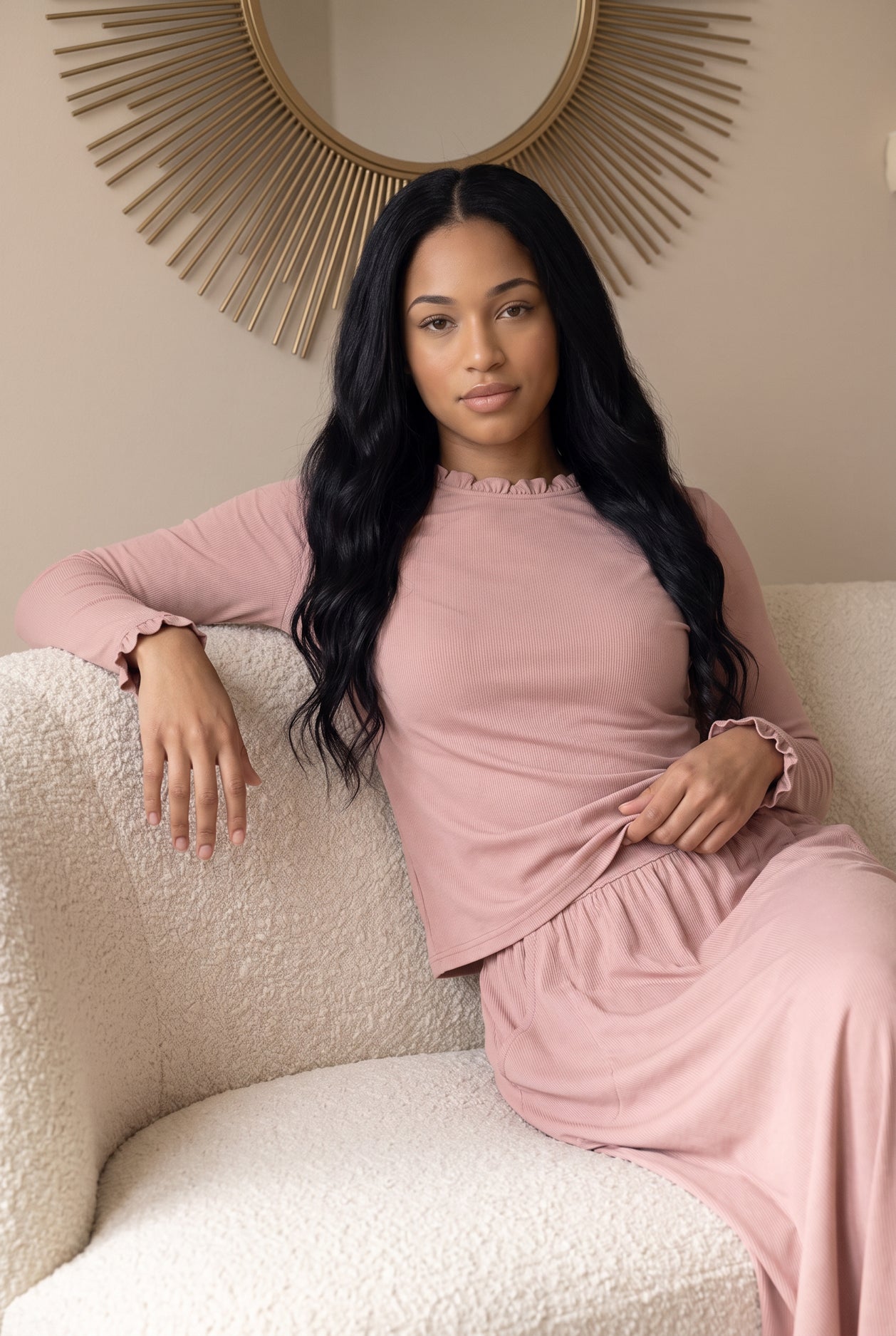 Model wearing Nuggles®  Bethany Shirt & Skirt in Dusty Pink