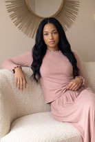 Model wearing Nuggles®  Bethany Shirt & Skirt in Dusty Pink