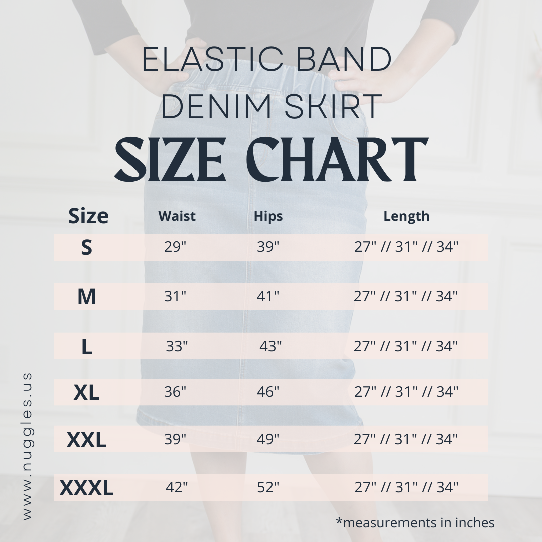 Size chart for Nuggles Denim Skirt showing waist, hip, and length measurements for sizes S to XXXL in inches.