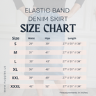 Size chart for Nuggles Denim Skirt showing waist, hip, and length measurements for sizes S to XXXL in inches.