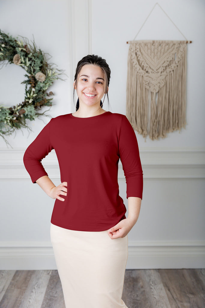 modest layering essential tee with 3/4 length sleeves