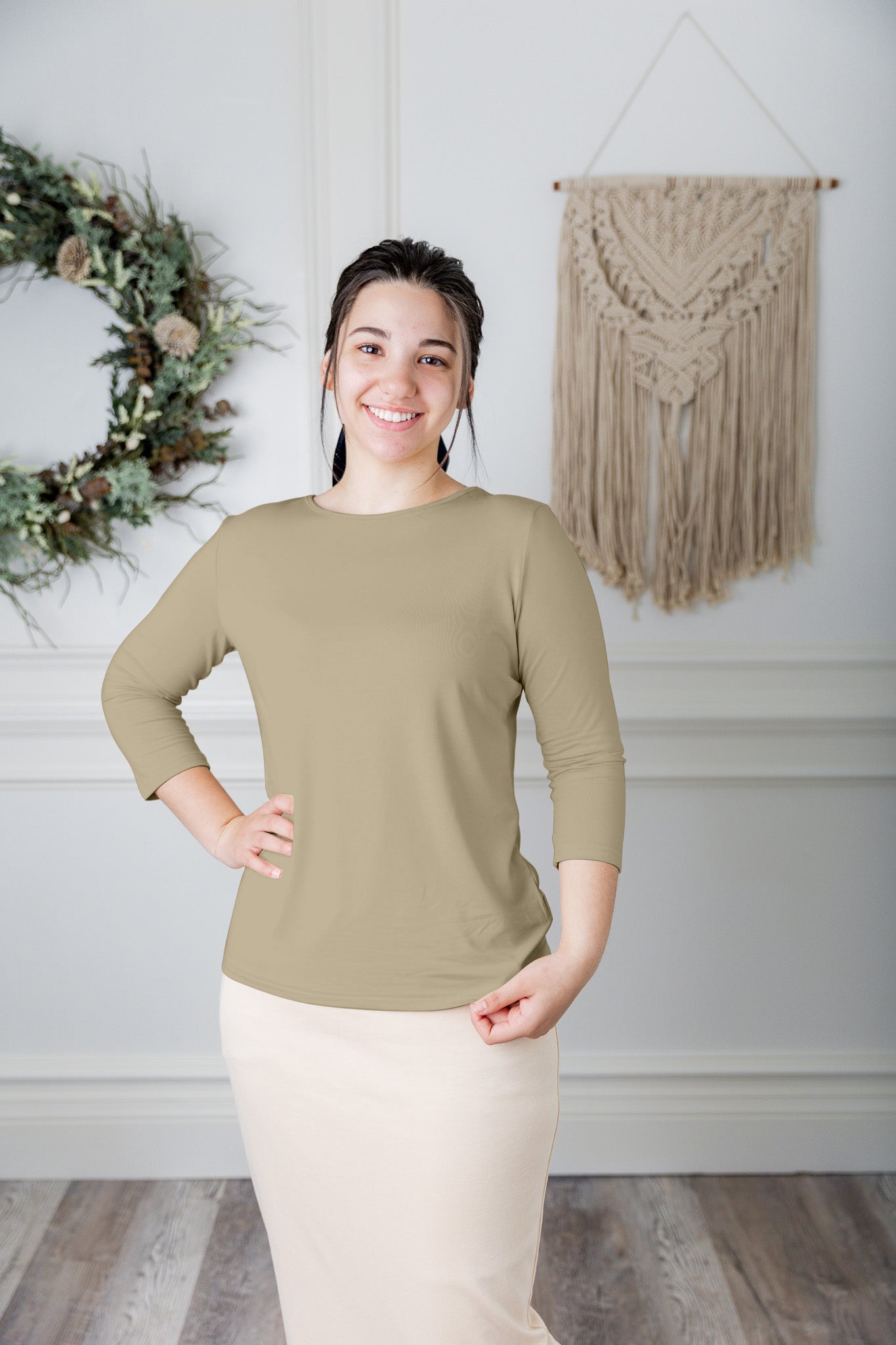 modest layering tee with 3/4 length sleeves