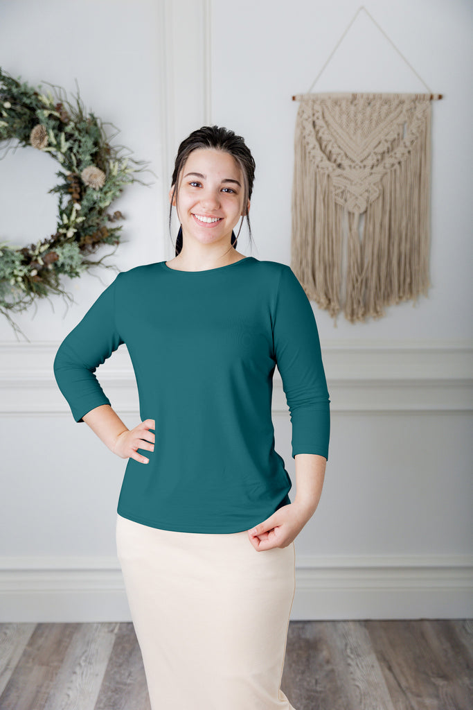 modest layering tee with 3/4 length sleeves