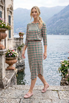 Nuggles Evergreen Check midi dress, maternity-friendly modest gingham dress in green and pink
