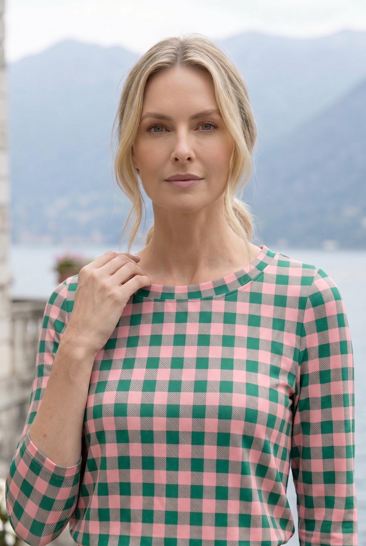 Evergreen Check Harper Jane dress by Nuggles, modest green gingham midi with 3/4 sleeves