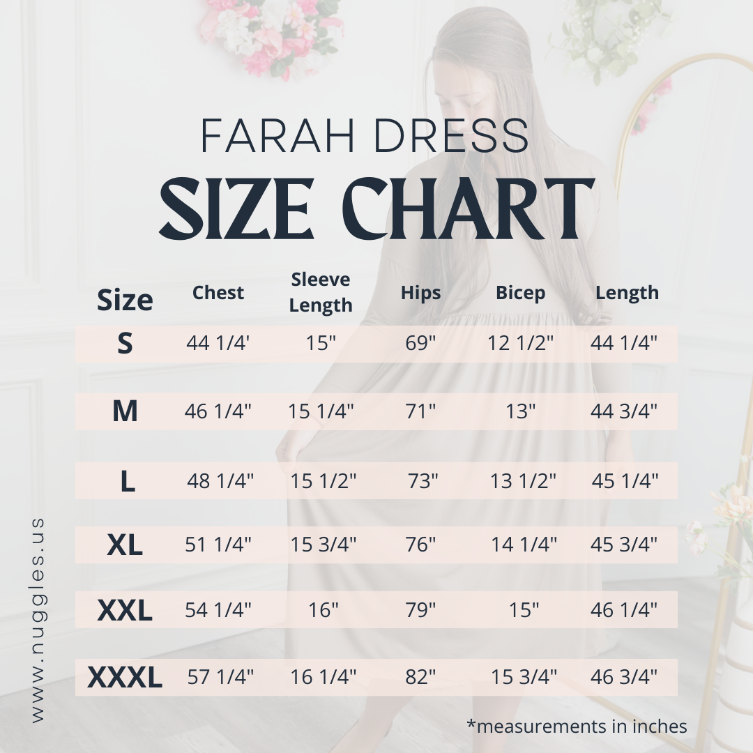 Nuggles® Farah Dress size chart with measurements for bust, waist, hip, and length in sizes S to 3XL for a modest midi dress fit.
