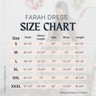 Nuggles® Farah Dress size chart with measurements for bust, waist, hip, and length in sizes S to 3XL for a modest midi dress fit.
