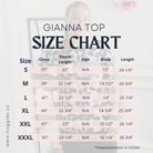 Size chart for Gianna Top with measurements in inches