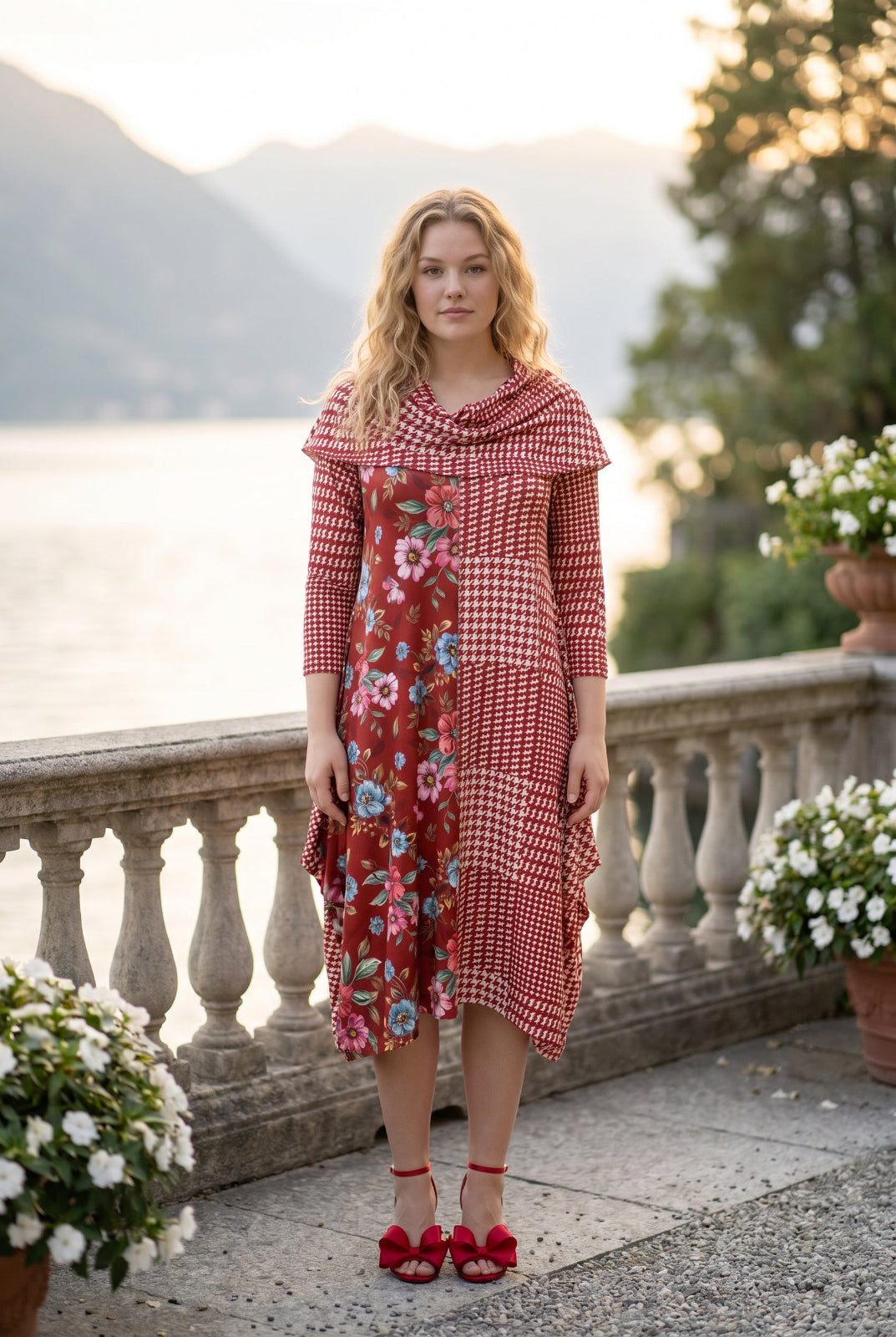 The Nuggles® Bailey Dress in Garden Check midi length, two tone with cowl neckline