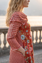 The Nuggles® Bailey Dress in Garden Check midi length, two tone with cowl neckline
