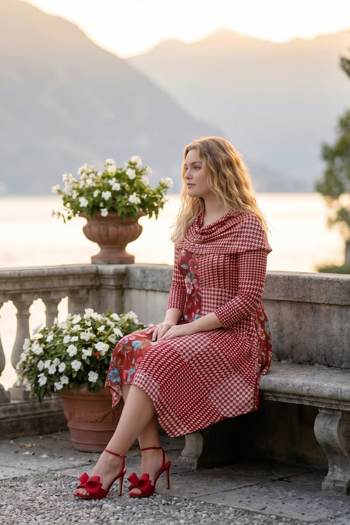 The Nuggles® Bailey Dress in Garden Check midi length, two tone with cowl neckline