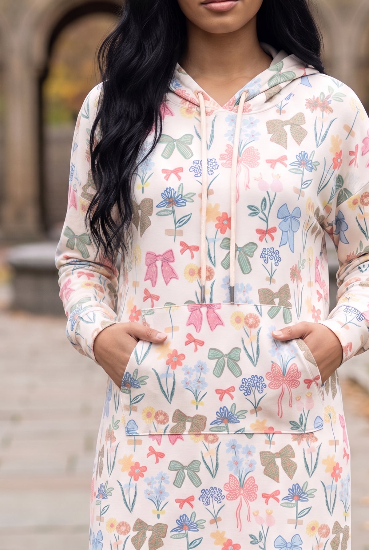 Nuggles® Hoodie Dress in Garden Party, both hands in the front kangaroo pocket