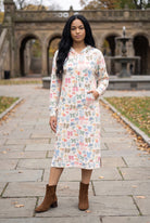 Nuggles® Hoodie Dress in Garden Party, full length with the hood down, midi hem below the knee