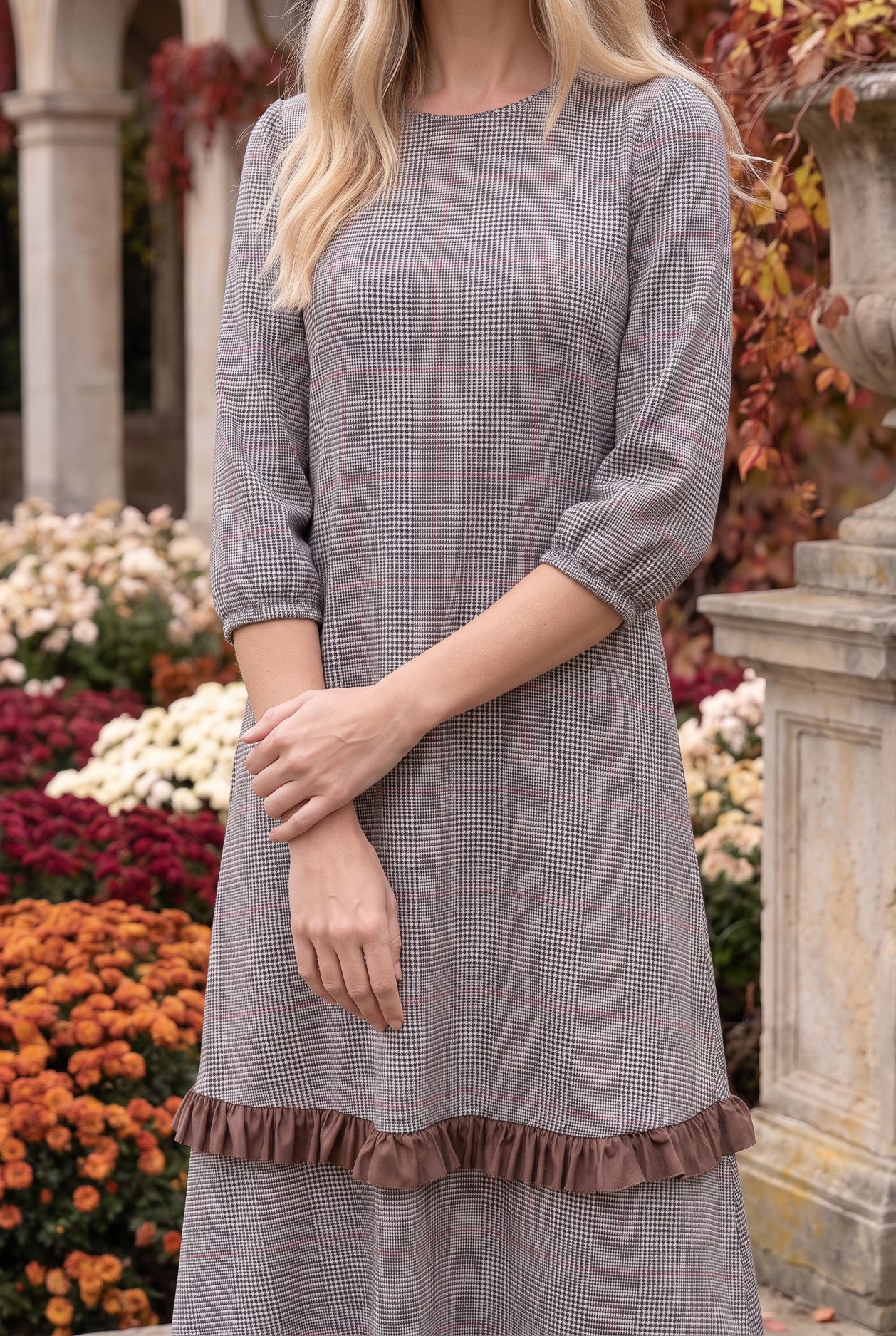 Nuggles® Patricia Dress in Glen Plaid, front view from neckline to hem showing the check scale