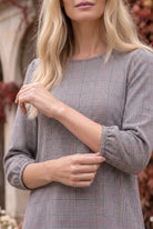 Nuggles® Patricia Dress in Glen Plaid, close-up of the bodice and elasticized 3/4 sleeve cuff