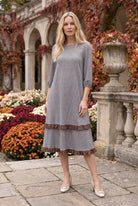Nuggles® Patricia Dress in Glen Plaid, full length in a garden, gray and brown check with brown ruffles