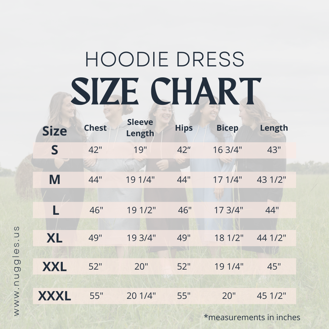 Size chart for the Nuggles® Hoodie Dress with measurements for each size
