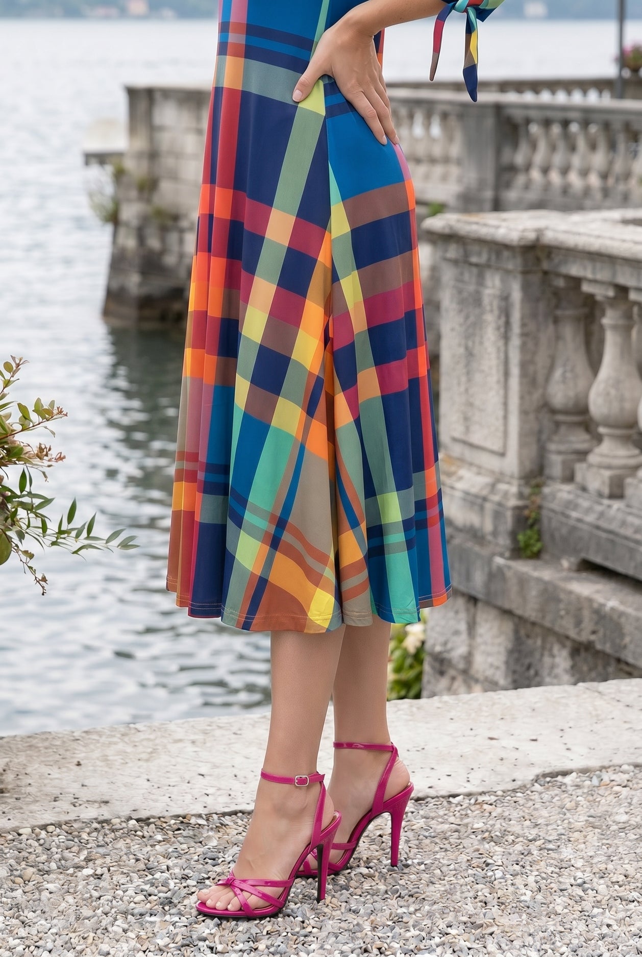 Model wearing Nuggles® Gracie Dress in Harvest Plaid