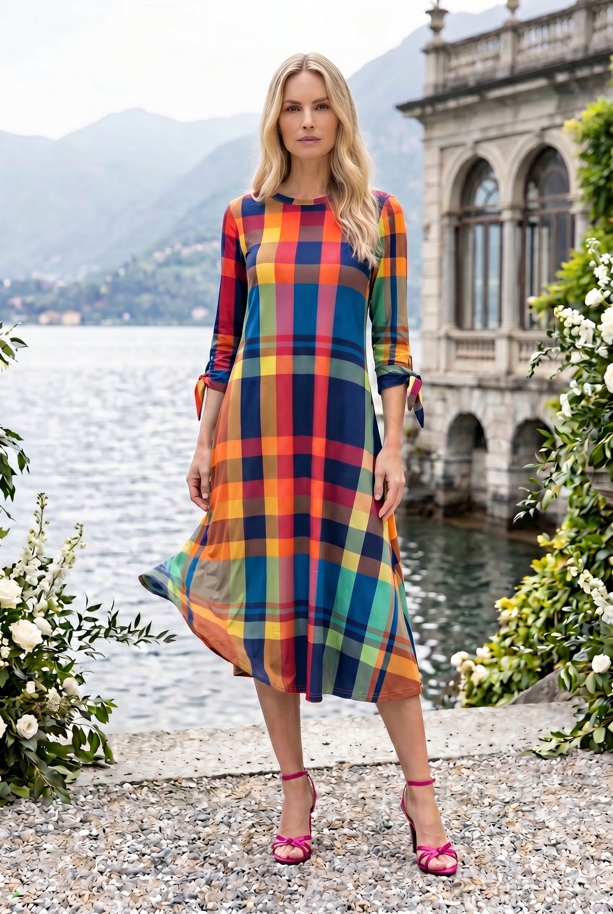 Model wearing Nuggles® Gracie Dress in Harvest Plaid