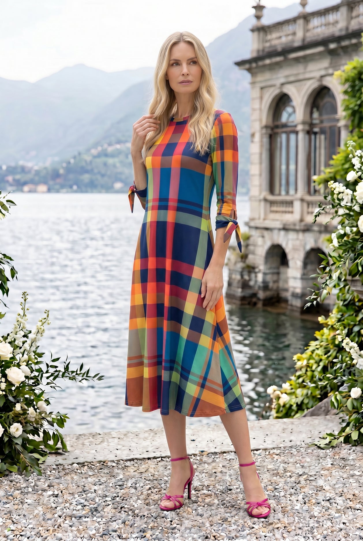 Model wearing Nuggles® Gracie Dress in Harvest Plaid