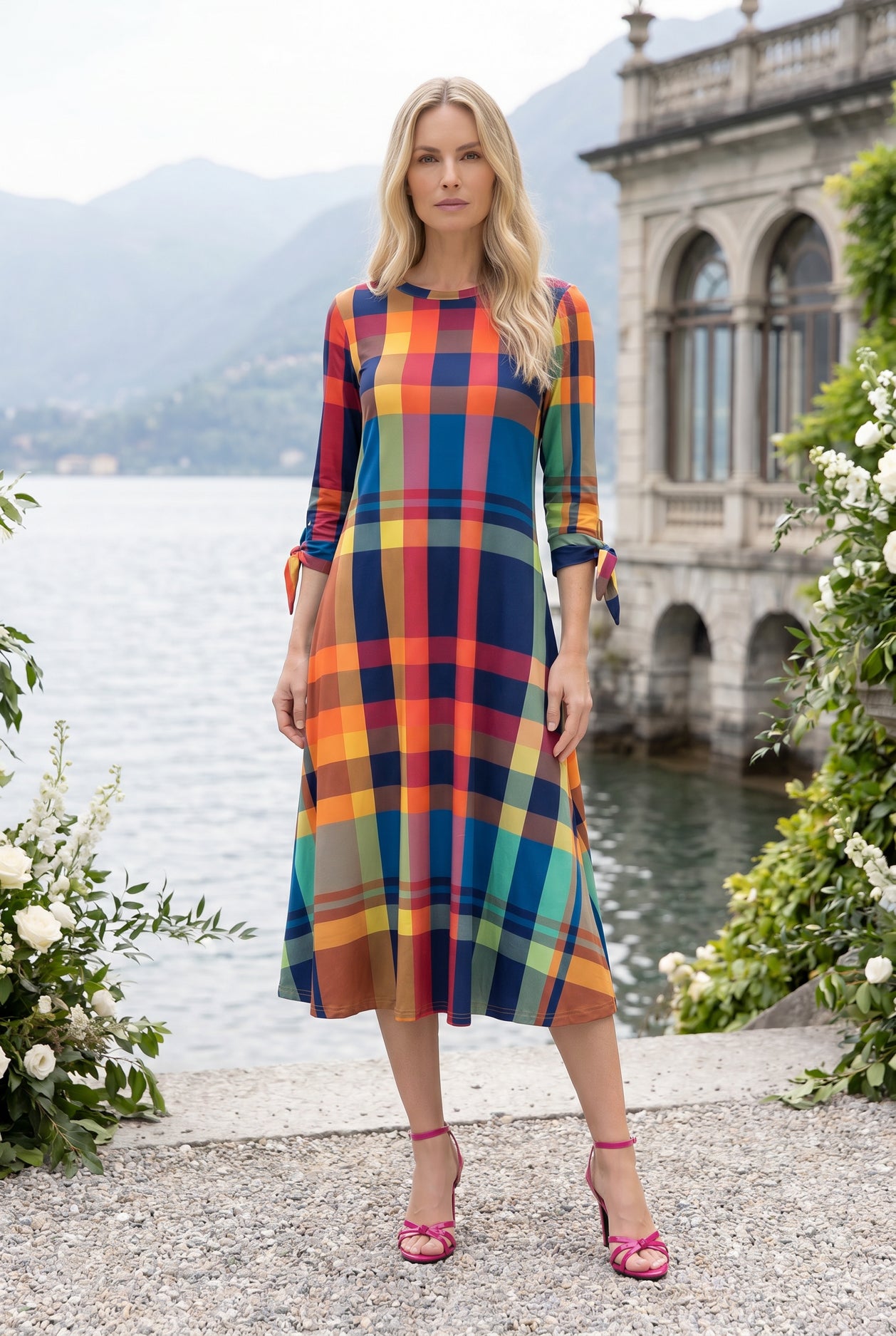 Model wearing Nuggles® Gracie Dress in Harvest Plaid