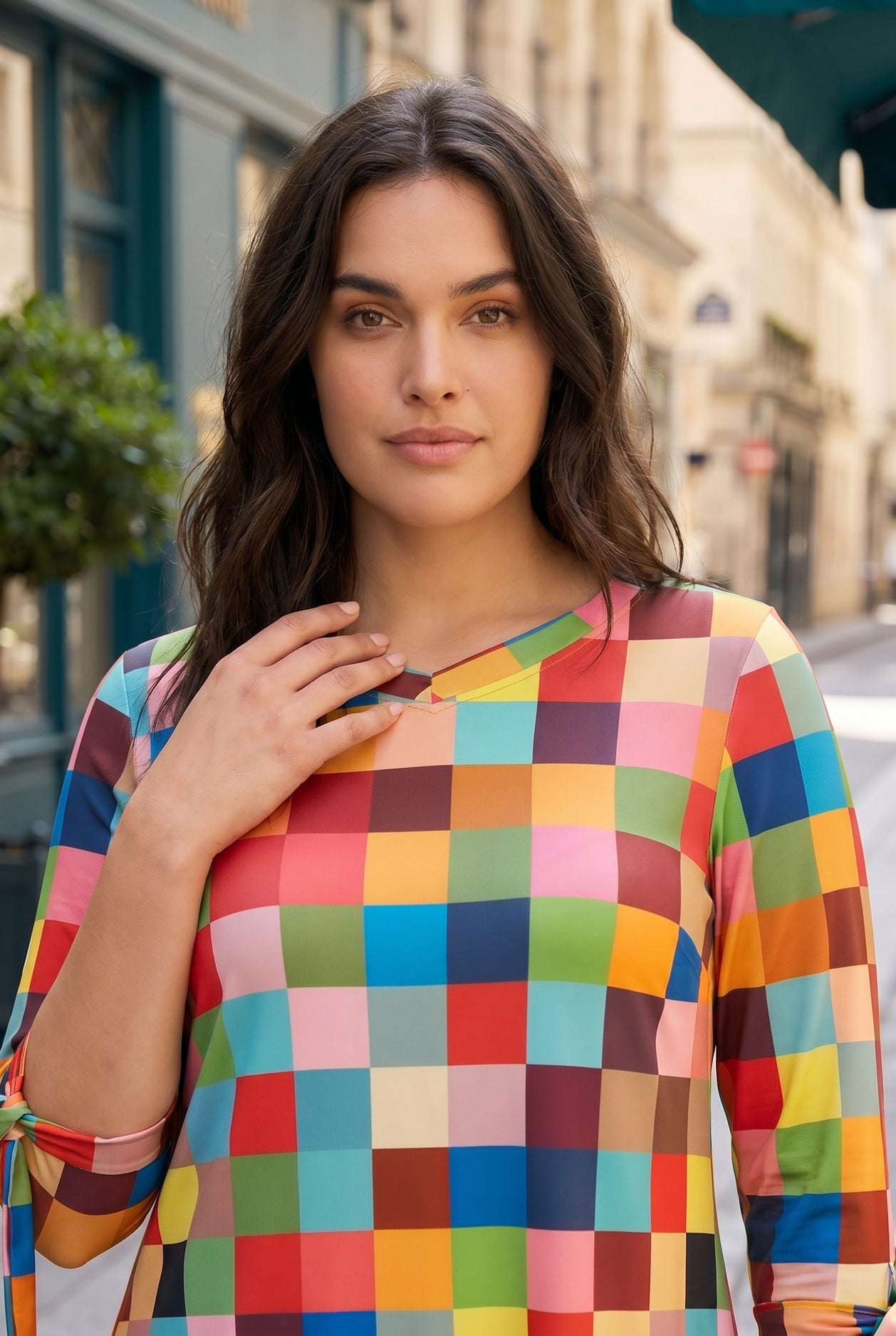 Model wearing Nuggles®  Hazel Dress in Retro Mosaic

