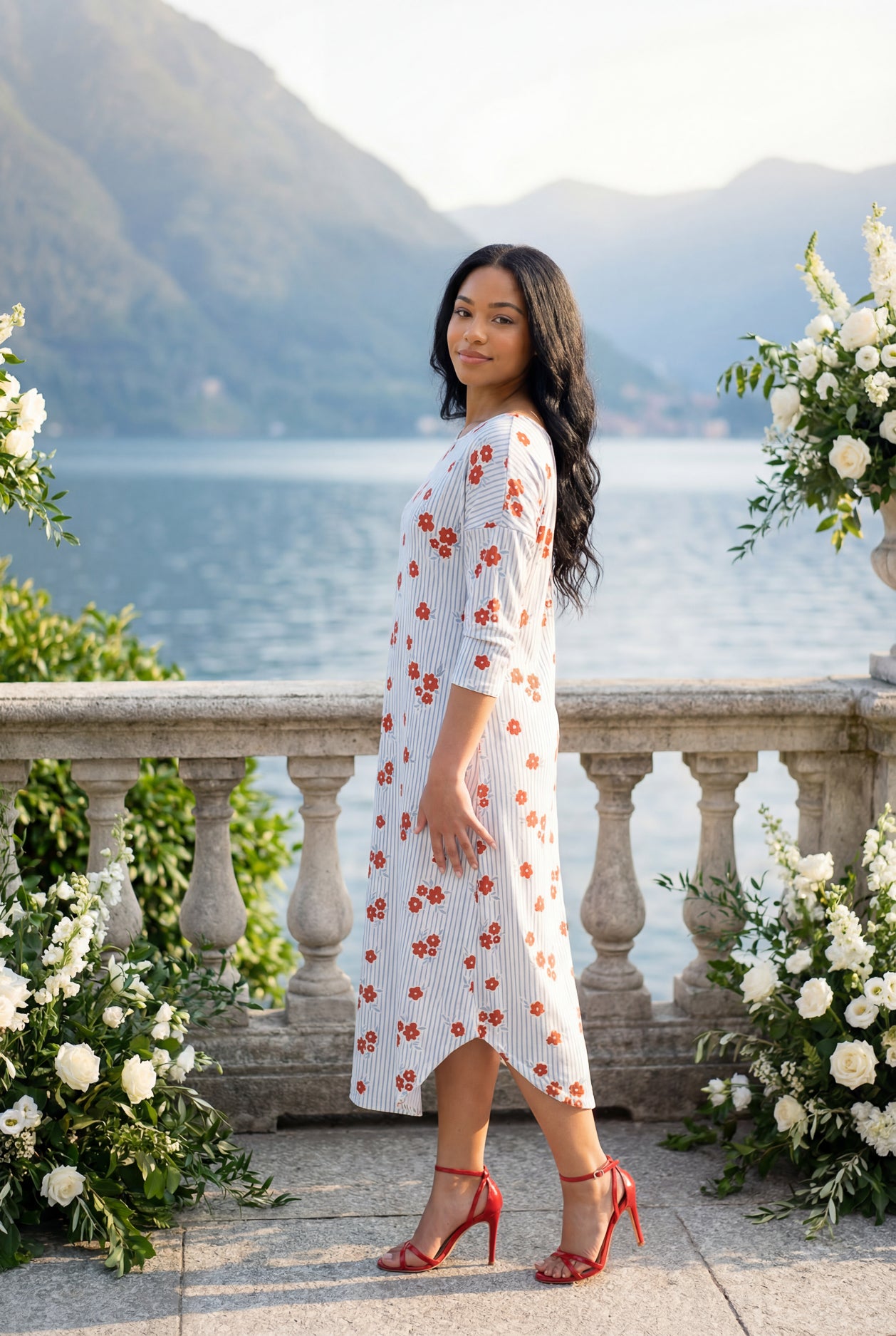 Model wearing Nuggles® Heather Dress in Rosebud Pinstripe