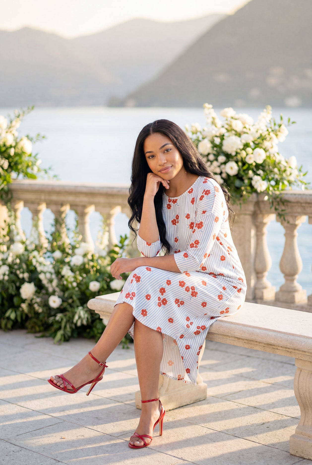 Model wearing Nuggles® Heather Dress in Rosebud Pinstripe