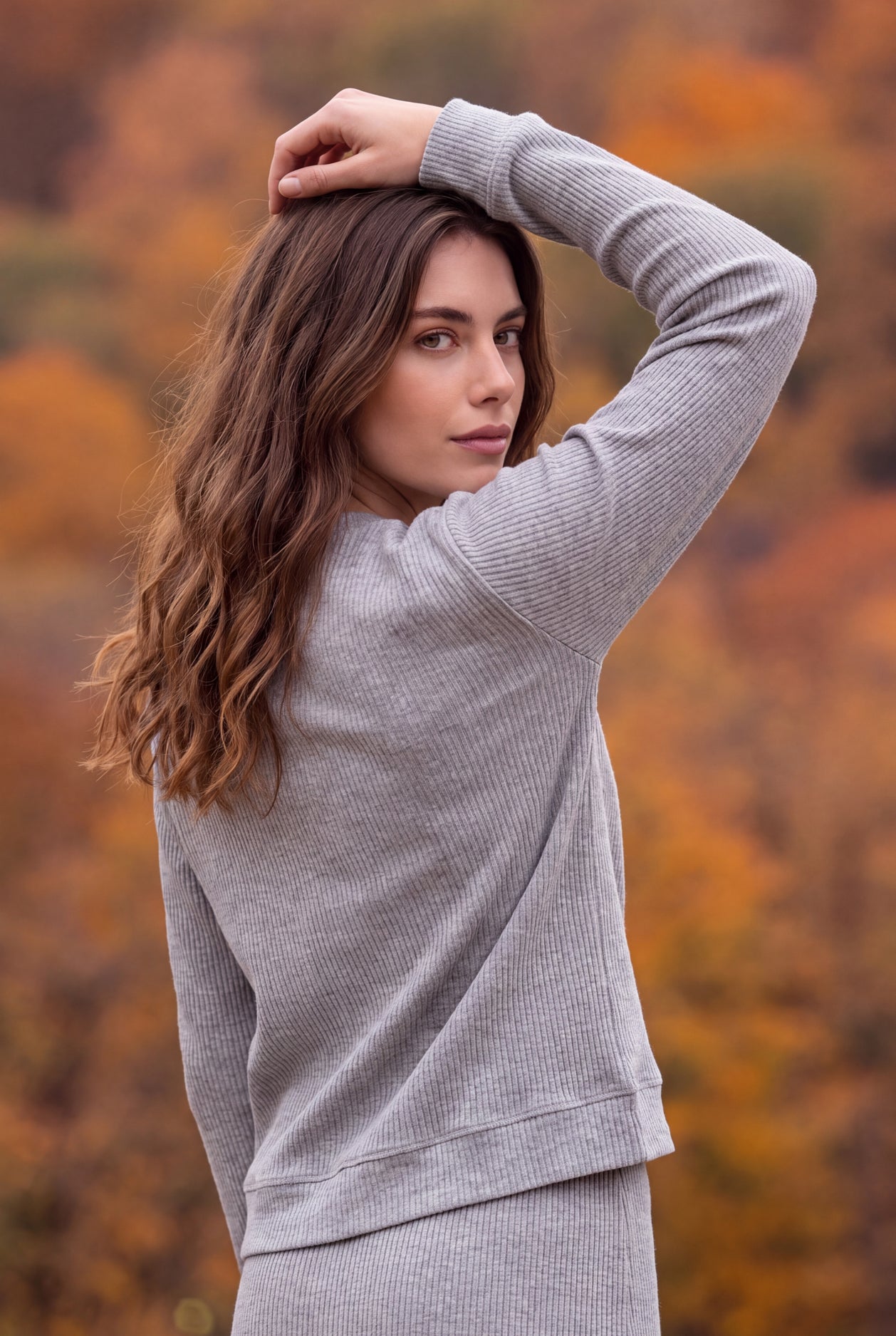 Model wearing Nuggles®  Misty Lounge Set in Heather Gray