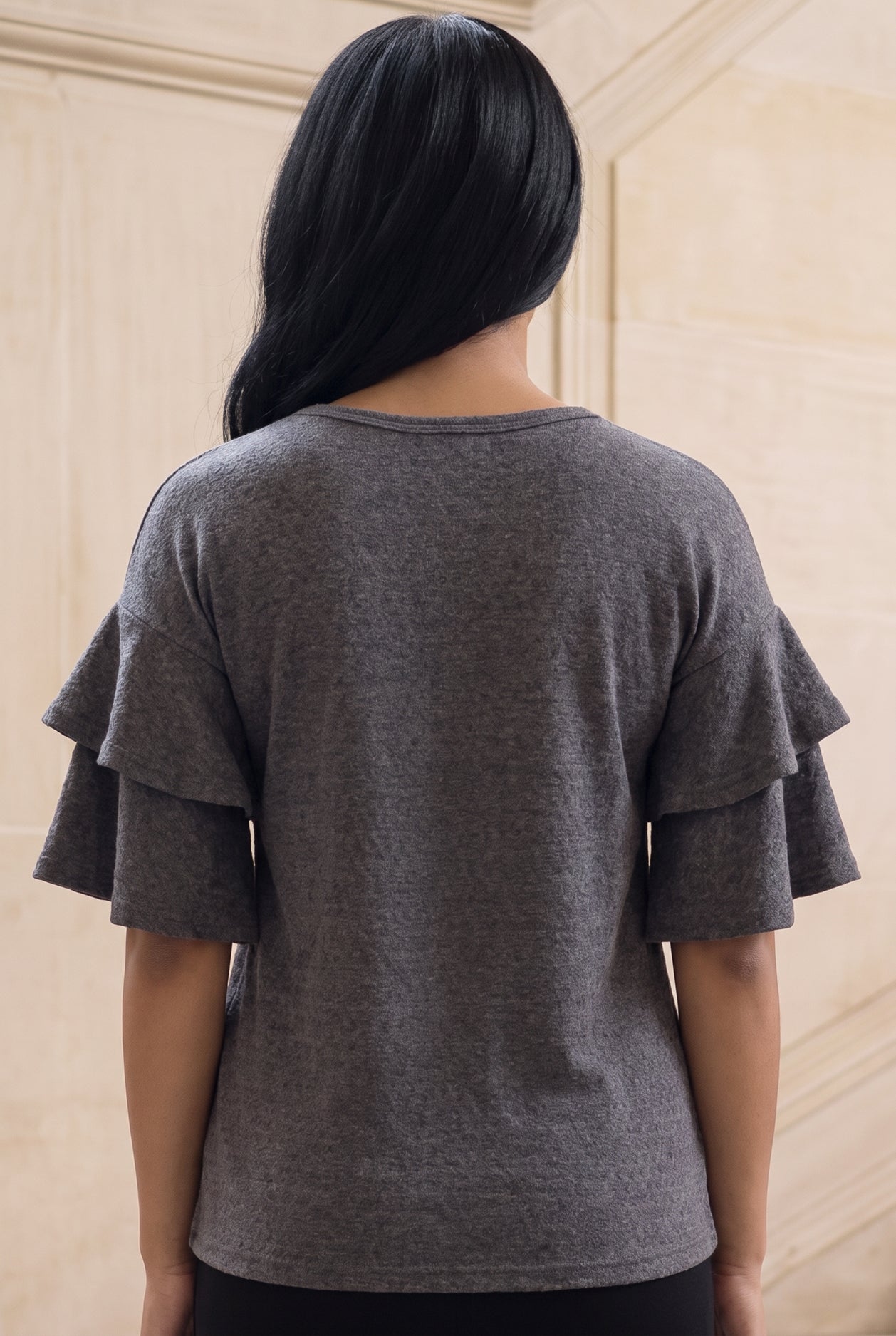 Model wearing Nuggles®  Helena Top in Gray