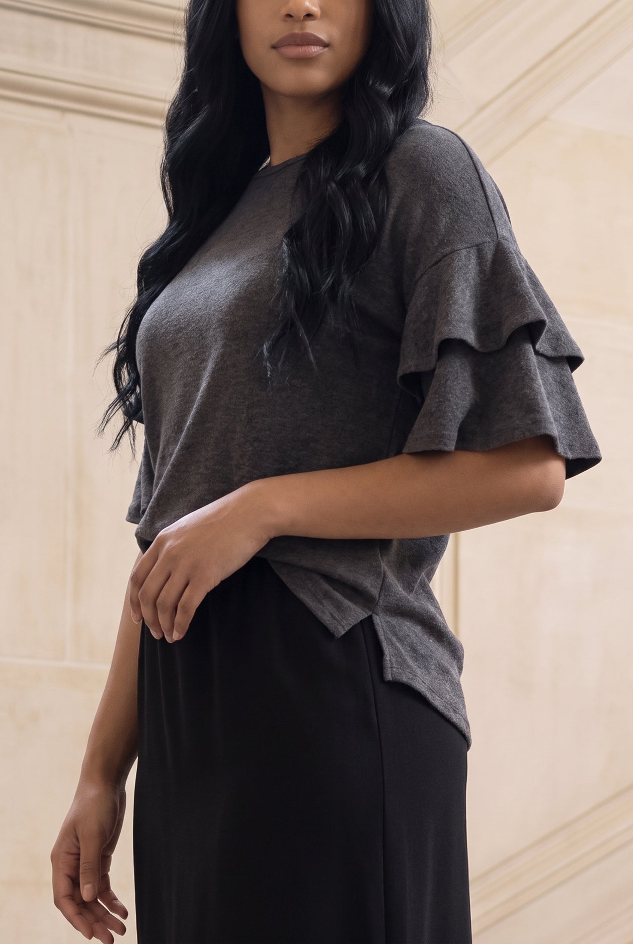 Model wearing Nuggles®  Helena Top in Gray