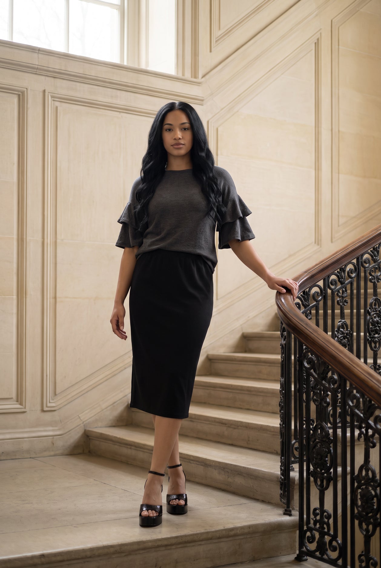 Model wearing Nuggles®  Helena Top in Gray