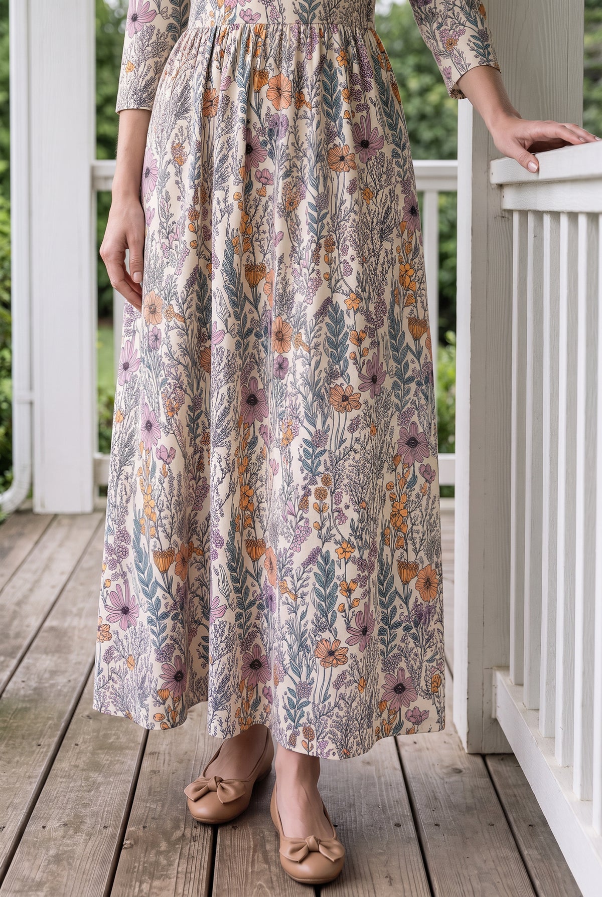 Nuggles® Cleo Maxi Dress in Hedgerow, skirt detail from the waist down to the hem over tan bow flats