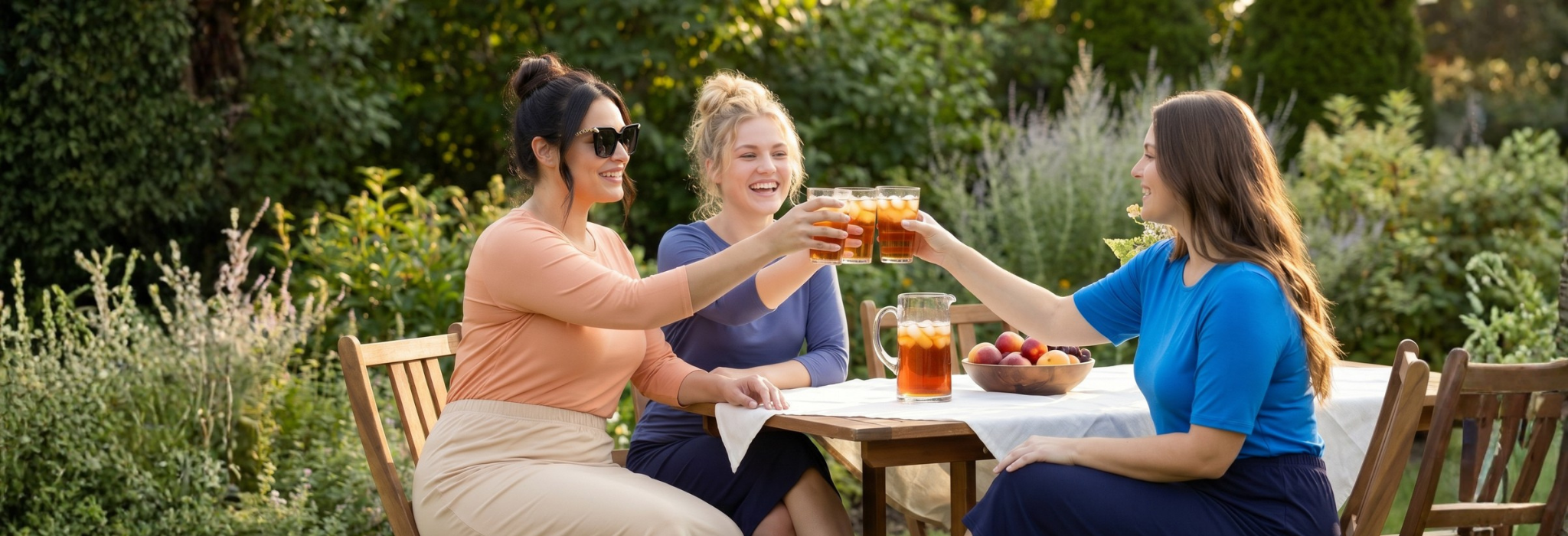 Three women wearing tees and skirts celebrating with Tea.