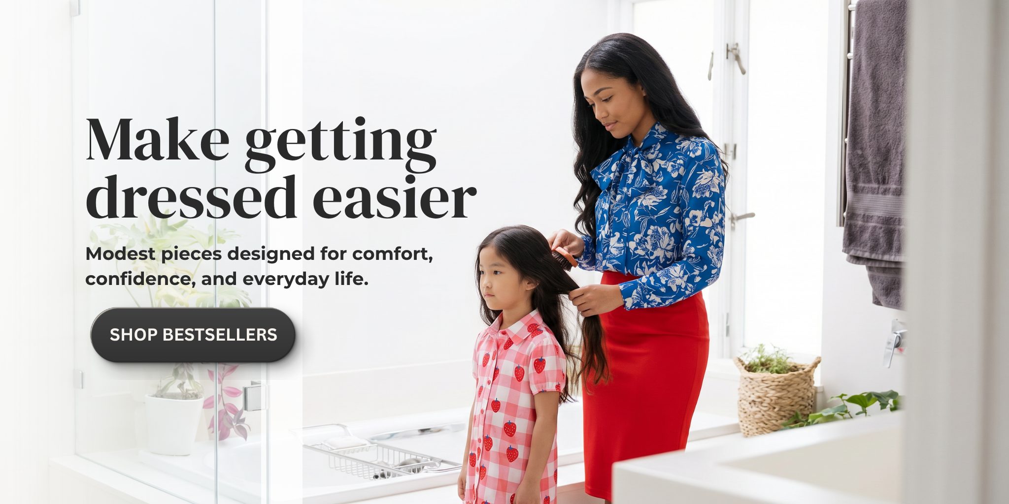 A picture of a mom and her daughter getting ready in a bathroom. 