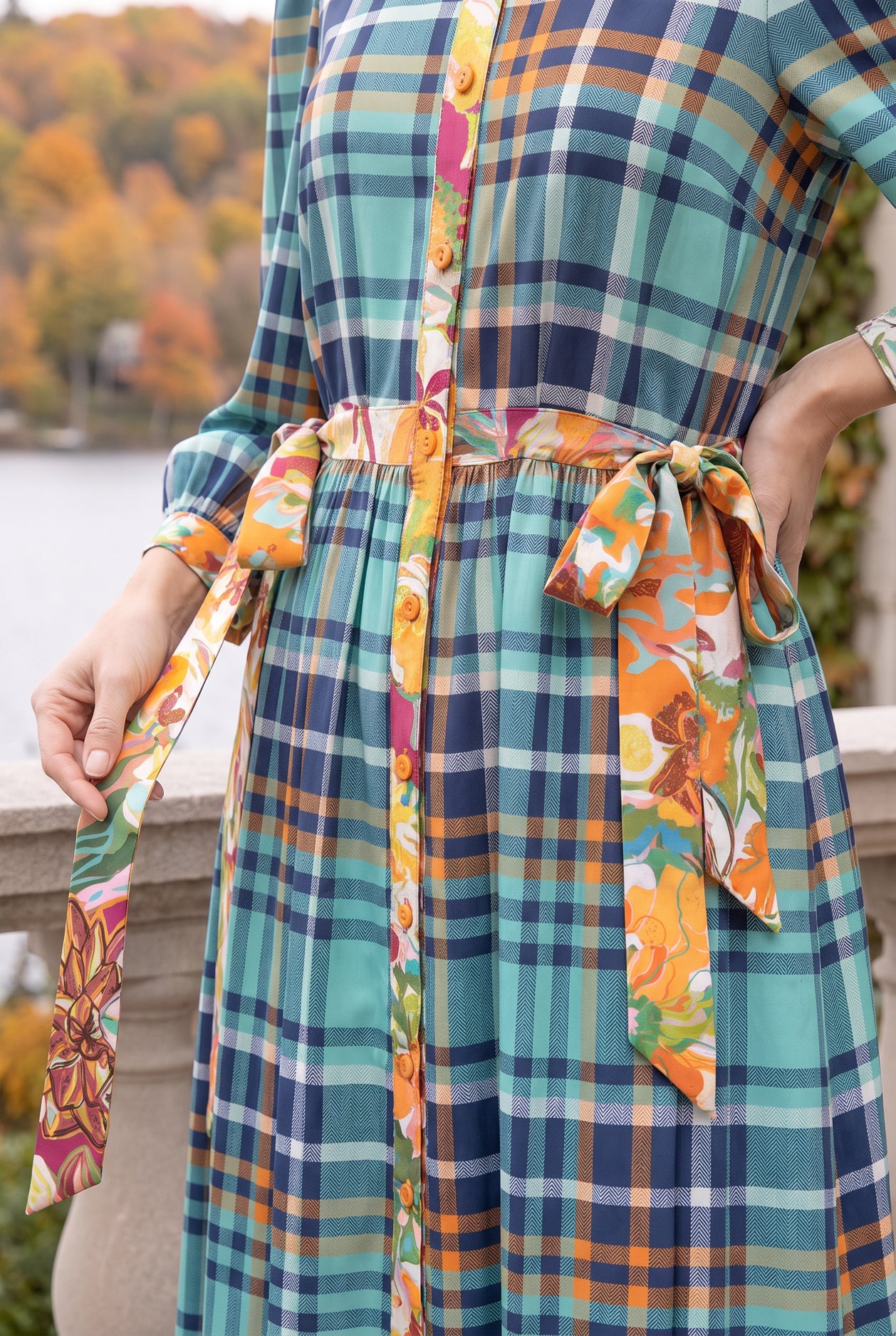 Model wearing Nuggles®  Leila Dress in Highland Paid