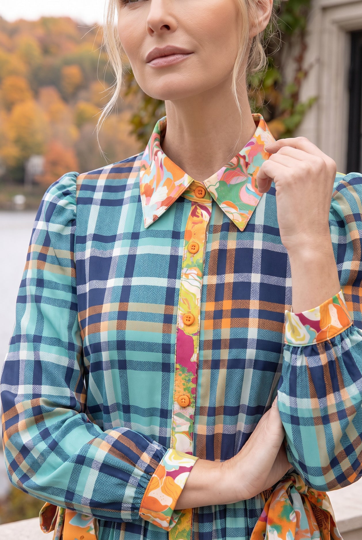 Model wearing Nuggles®  Leila Dress in Highland Paid