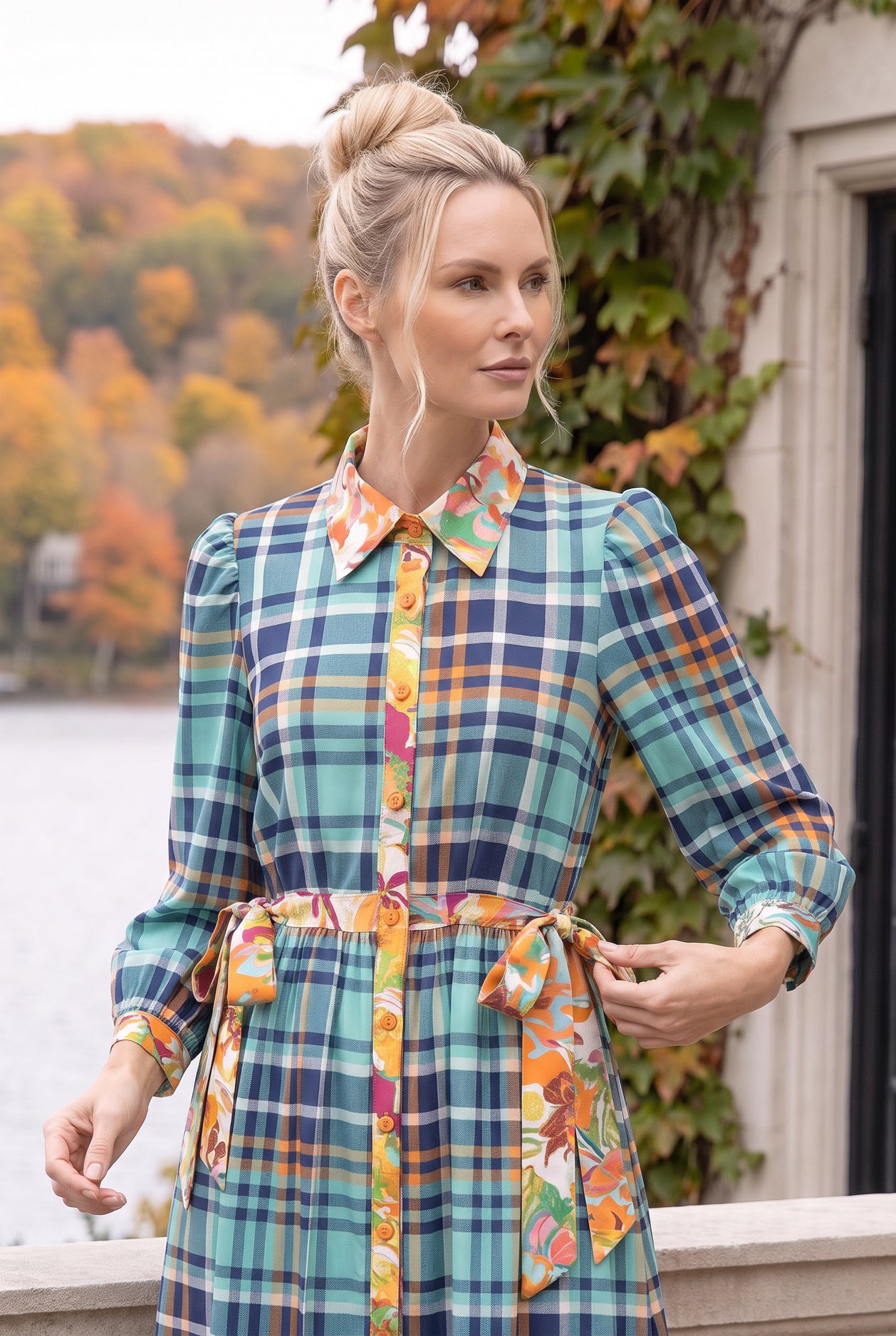Model wearing Nuggles®  Leila Dress in Highland Paid