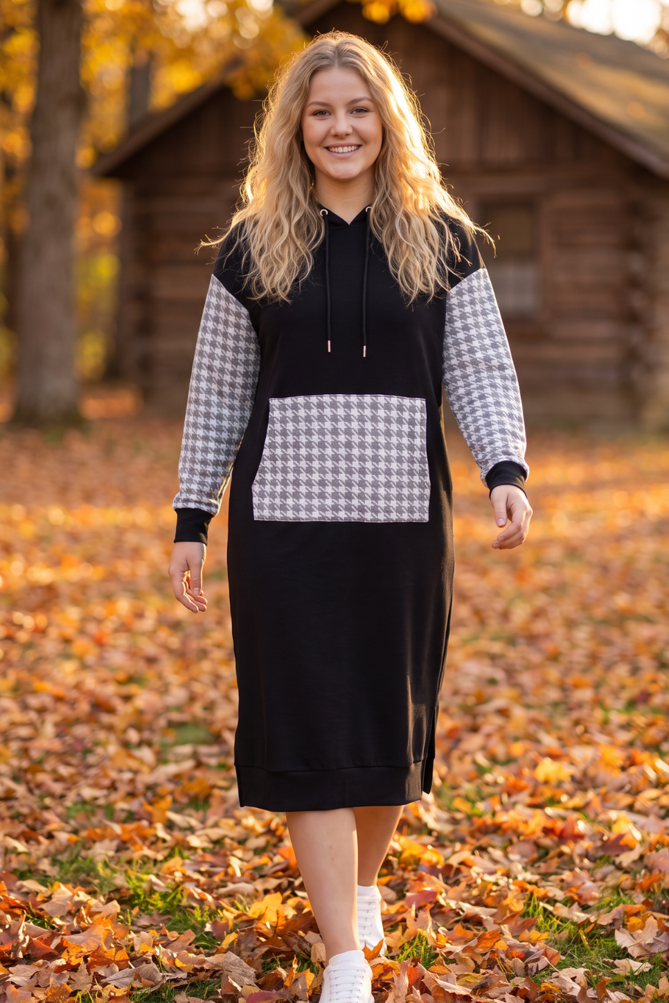 Model wearing Nuggles®  Hoodie Dress in Cookie Check