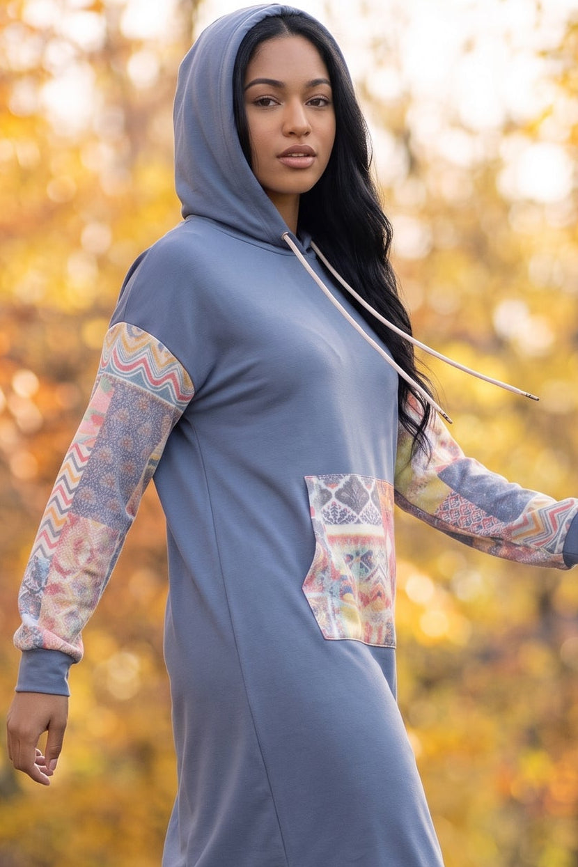 Model wearing Nuggles®  Hoodie Dress in Boho Mosaic

