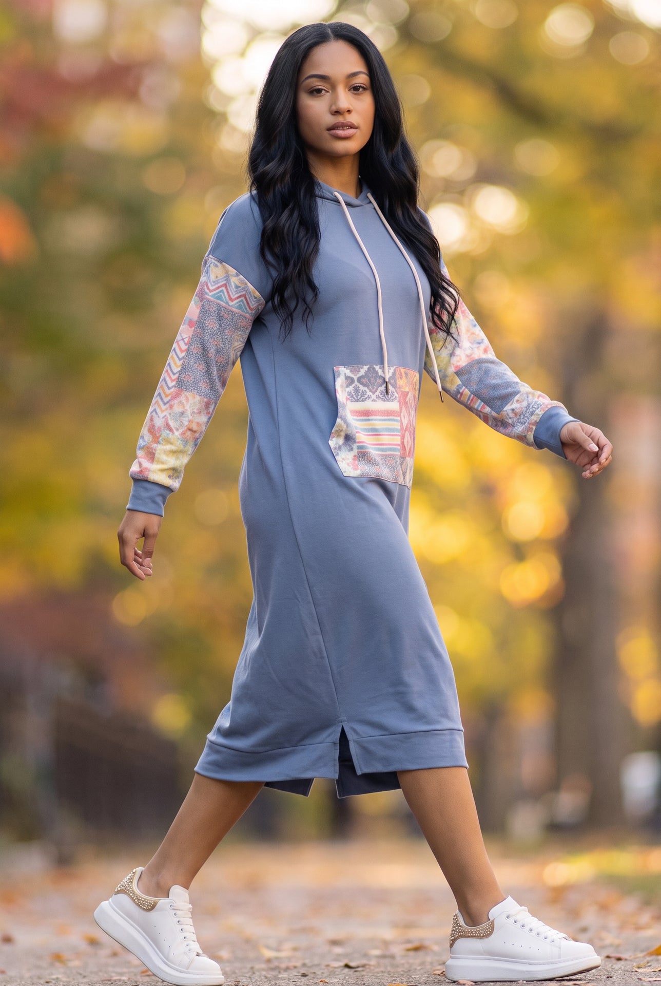 Model wearing Nuggles®  Hoodie Dress in Boho Mosaic