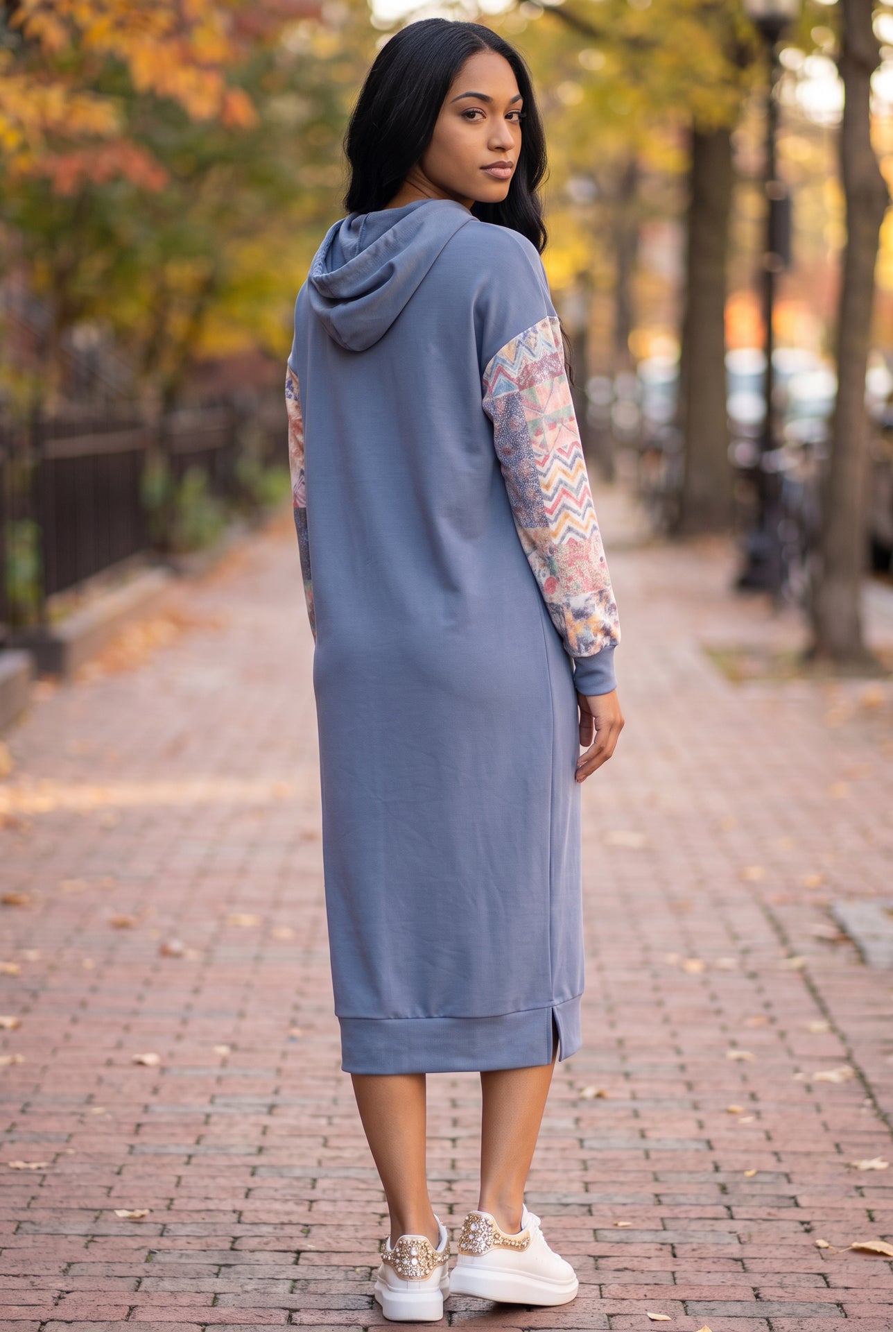 Model wearing Nuggles®  Hoodie Dress in Boho Mosaic